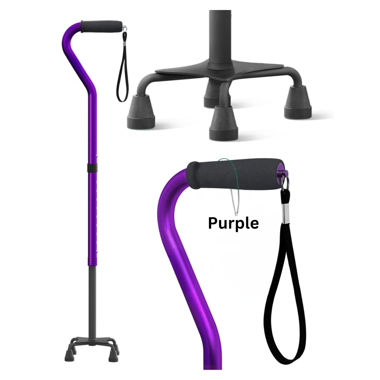 JCHealth Aluminum Quad Cane Wide Base for Superior Stability & Comfort for Seniors 5 Colour