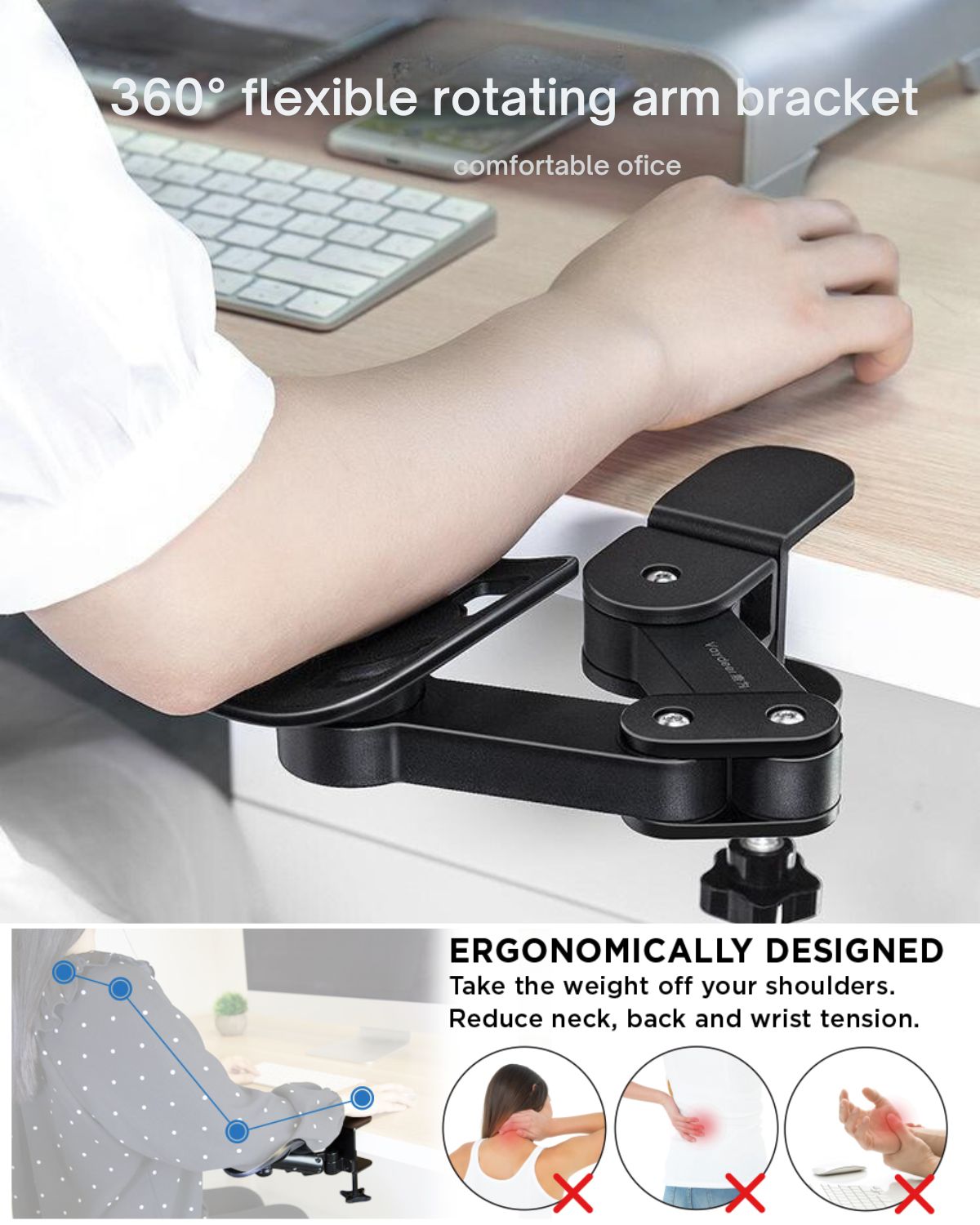 Universal Clamp-on Adjustable Armrests, Desk Cradle Rotating Elbow Cushions, Table Extension Platform Arm Support,