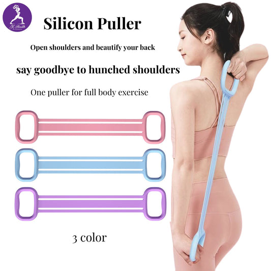 Silicon puller for full body exercise with three color options and a woman using it.