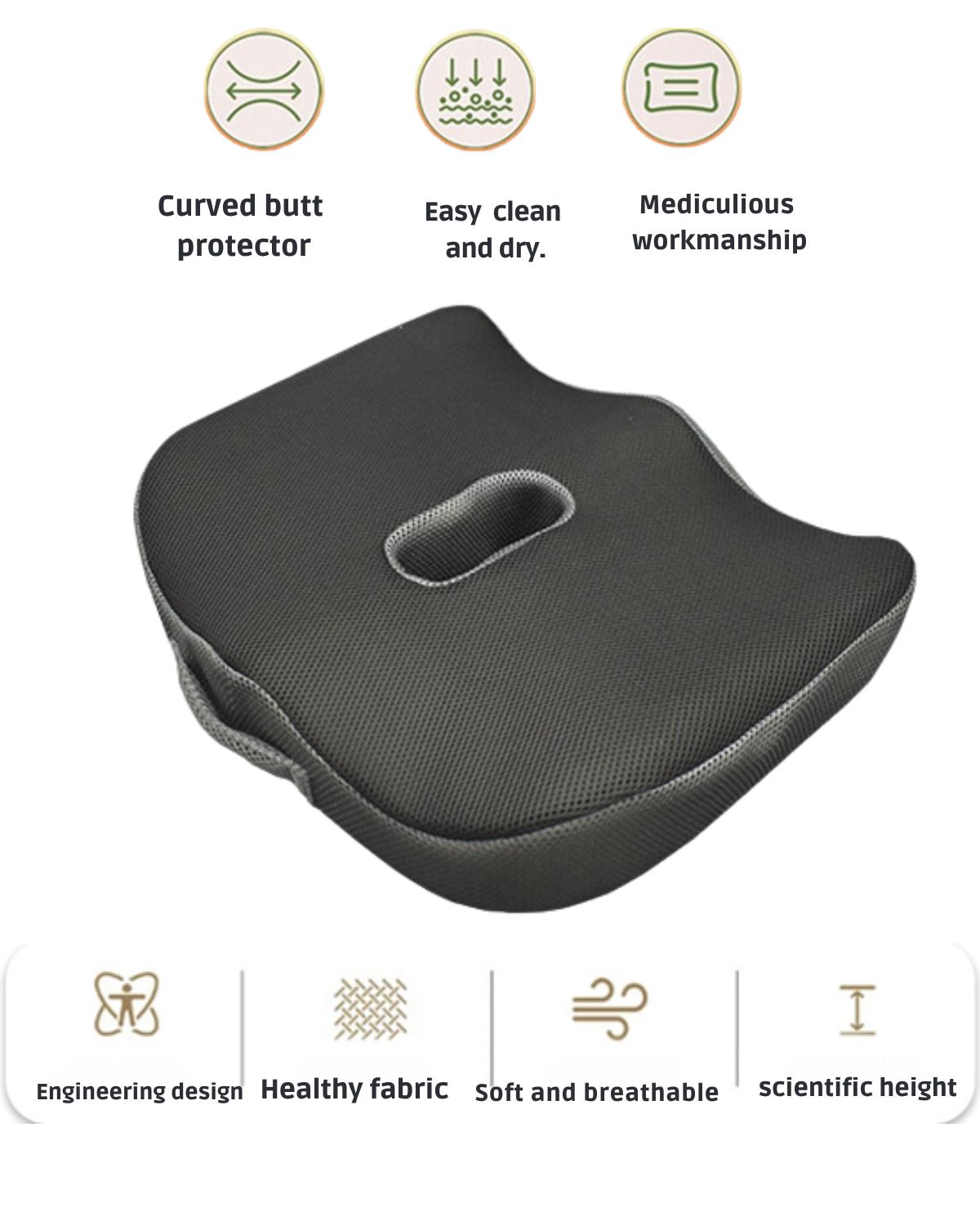 Pressure Relief Memory Foam Seat Cushion - Back Pain Relief, Improved Posture carry  handle