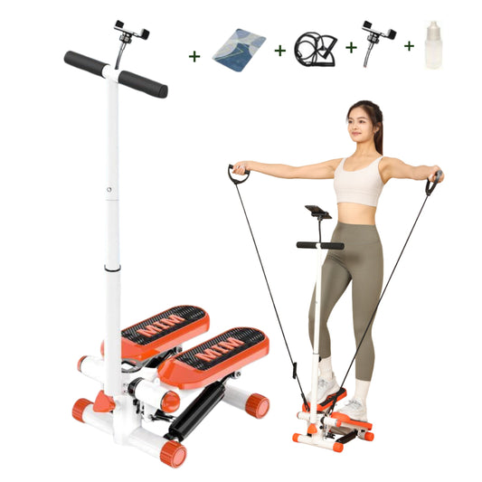 JC Health mini stepper with handlebar, phone stand, and resistance bands, shown with a woman exercising and icons of included accessories: floor mat, resistance bands, phone holder, and lubricant. Ideal for home fitness
