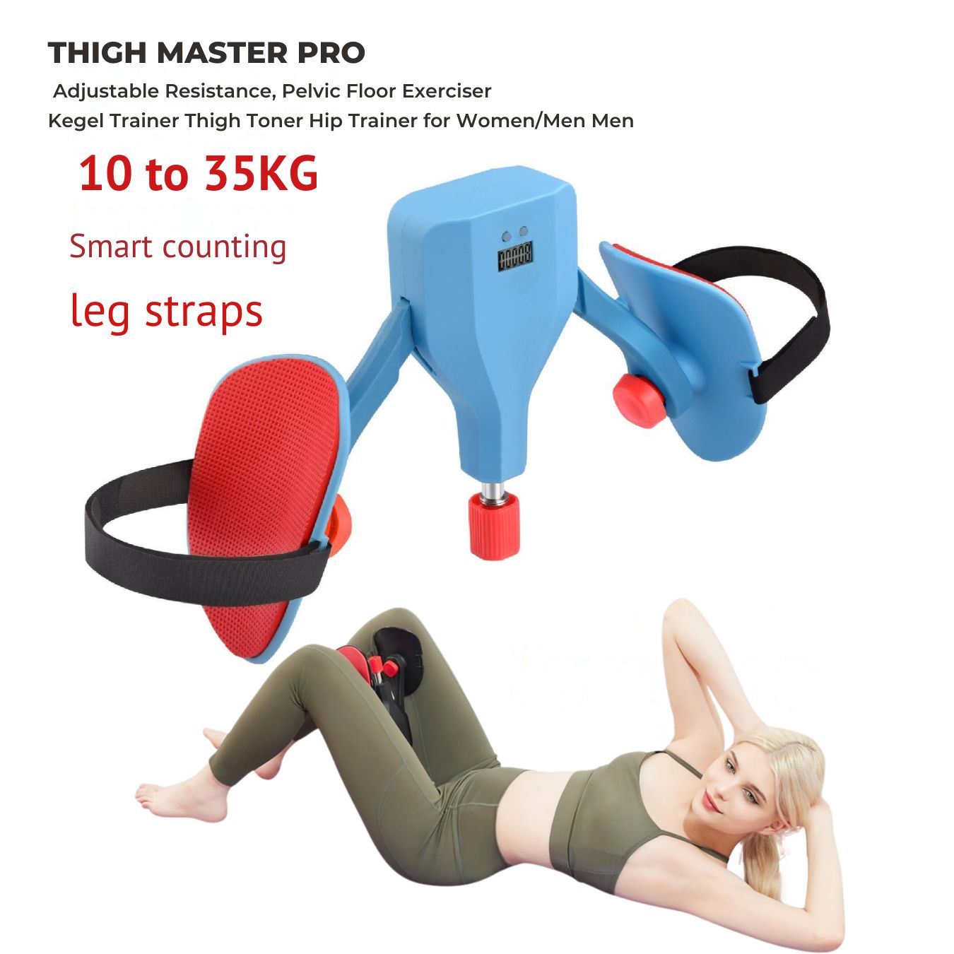 Thigh Master 10-50KG Adjustable Resistance Inner Thigh Exerciser, Thigh Trainer Pro with Leg Straps, Pelvic Floor Exerciser Kegel Trainer Thigh Toner Hip Trainer for Women Men