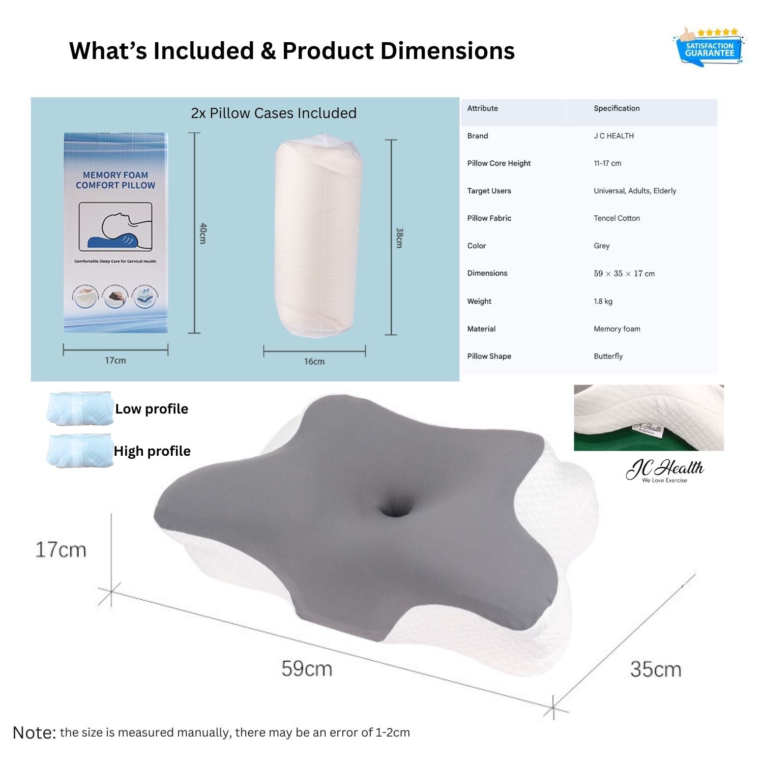 Detailed view of the pillow packaging, physical dimensions (59x35cm, 1.8kg), and specifications table listing Tencel Cotton fabric and memory foam material