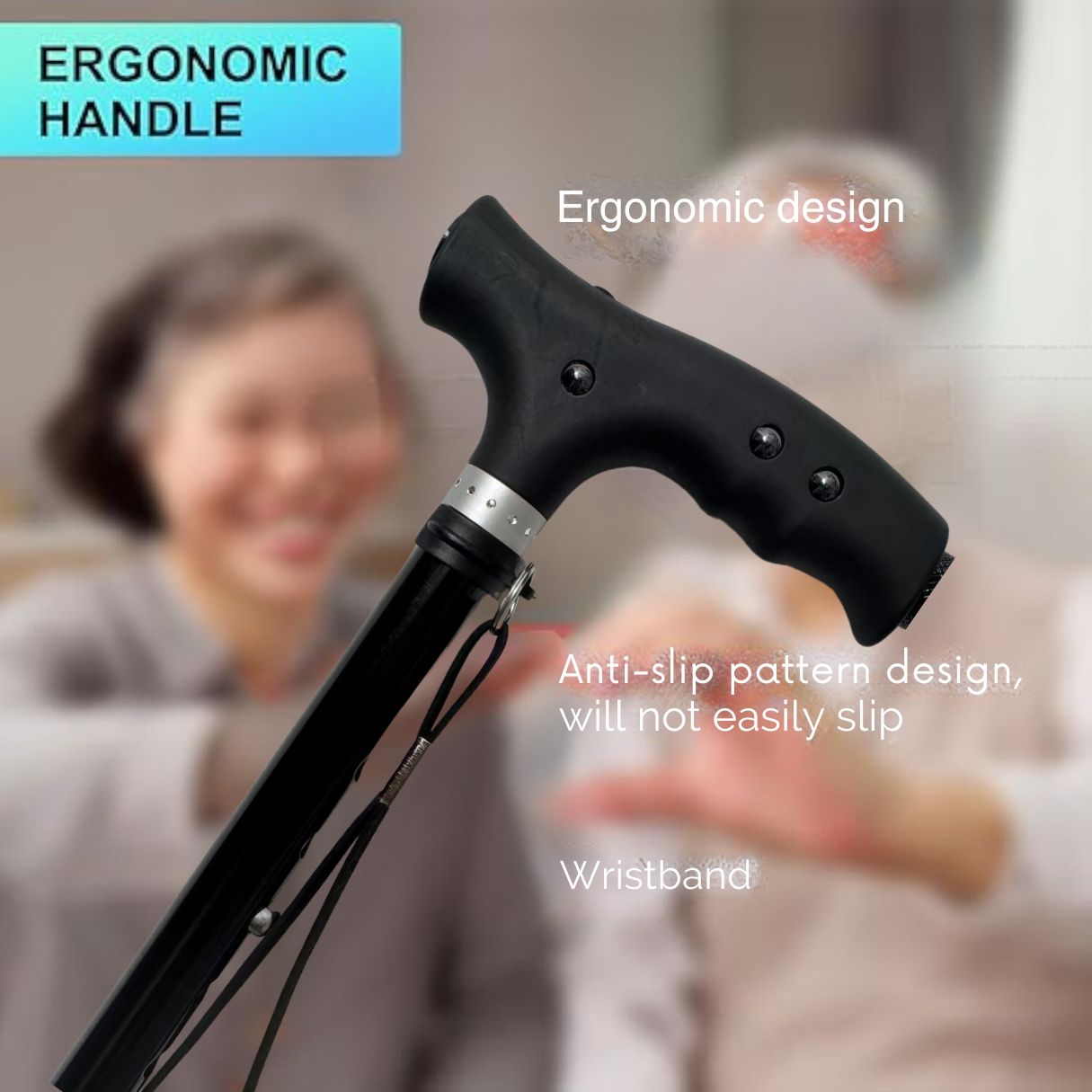 Detail of anti-slip ergonomic cane handle with secure wristband for enhanced grip and stability