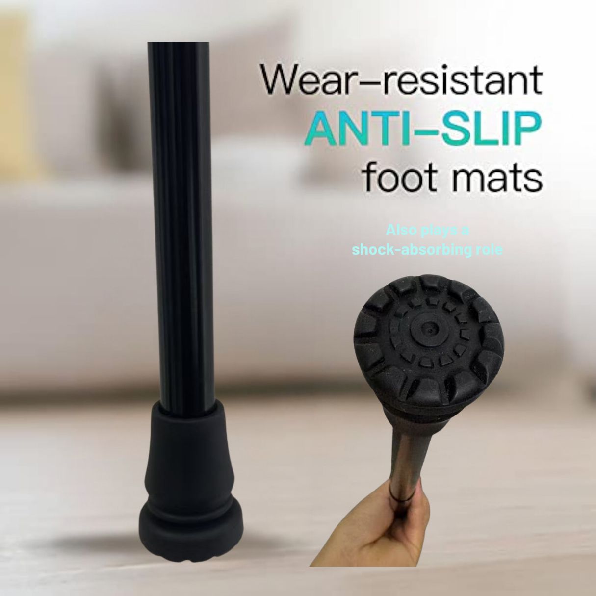 Close-up of the wear-resistant anti-slip rubber foot mat on the JC Health walking cane, providing shock-absorbing stability on Singapore floors