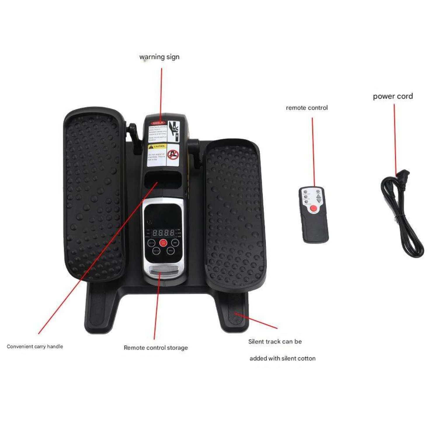 Black Under Desk Elliptical Trainer showing all components: digital display, remote control, power cord, and silent track. Features a convenient carry handle for easy portability