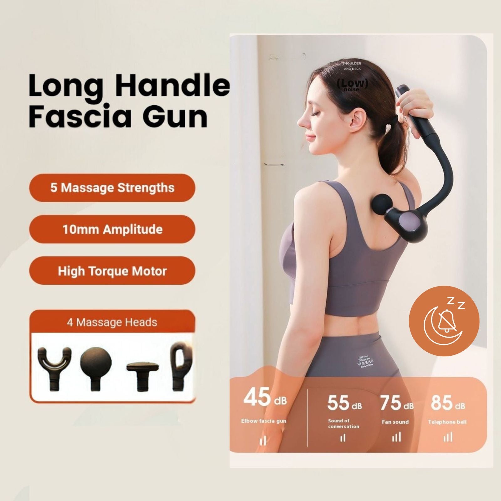 JC Health long-handle fascia gun with quiet 45dB operation for comfortable massage, showing 5 strengths, 10mm amplitude, and 4 massage heads
