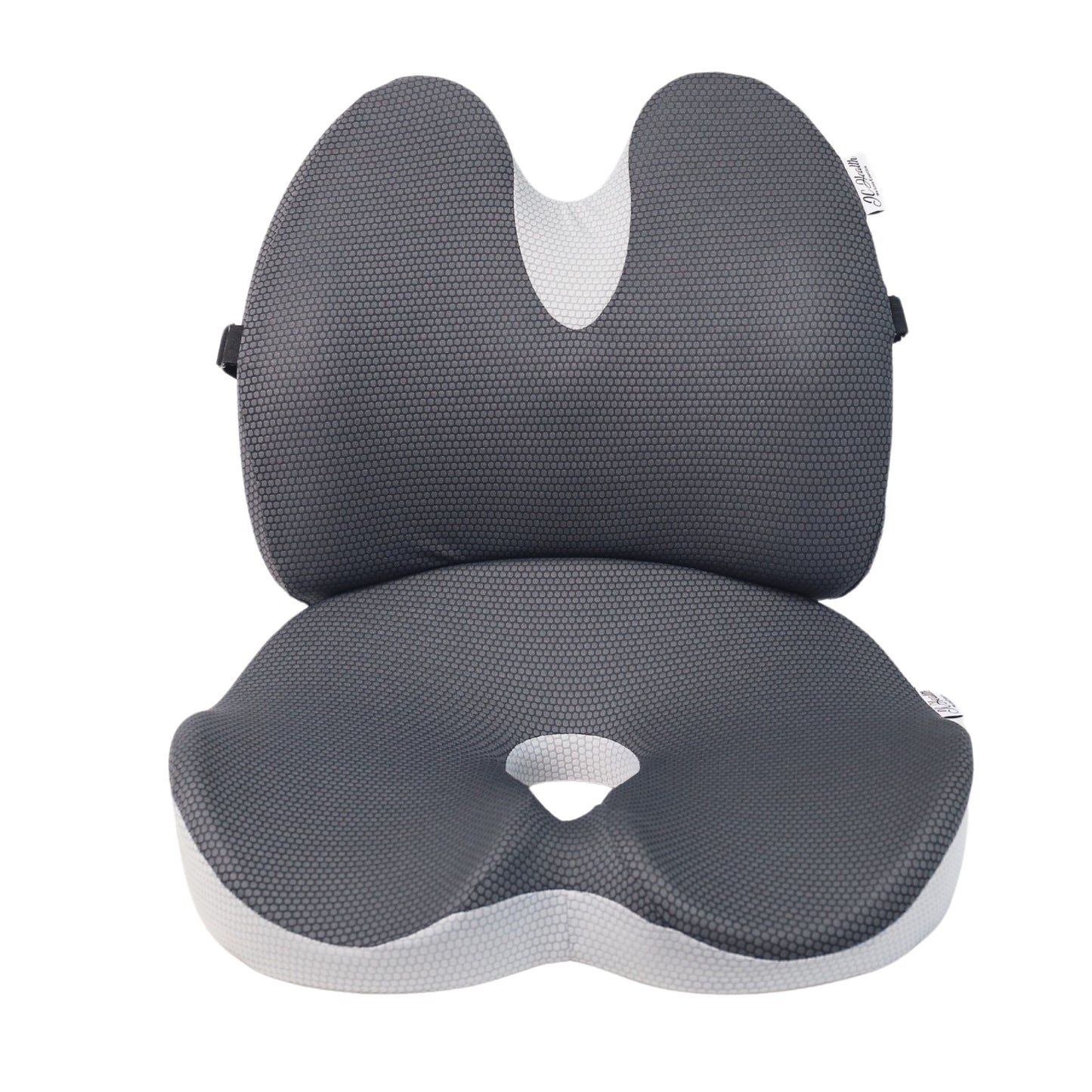 JC Health grey ergonomic lumbar and contoured seat cushion set, showing visible brand tags and back strap on a pure white background.