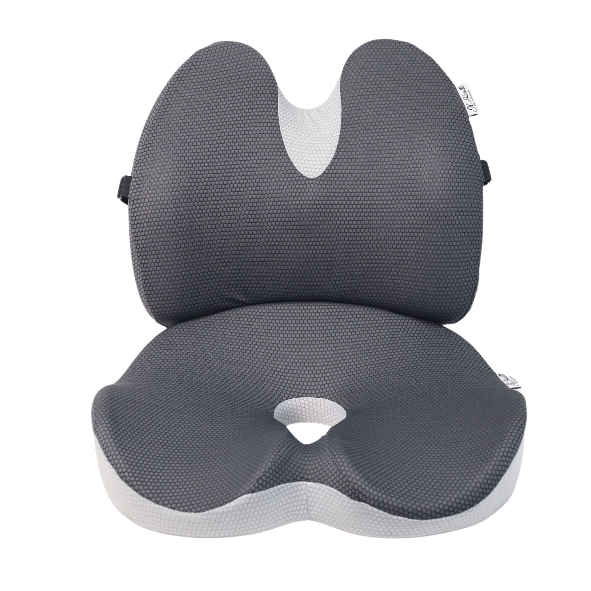 JC Health grey ergonomic lumbar and contoured seat cushion set, showing visible brand tags and back strap on a pure white background.