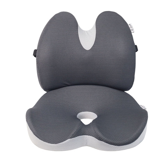 JC Health grey ergonomic lumbar and contoured seat cushion set, showing visible brand tags and back strap on a pure white background.