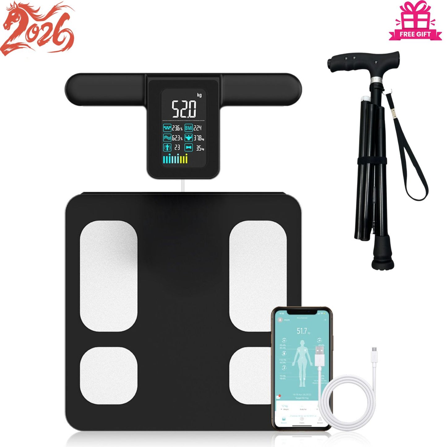 JCHealth Pro 8-Electrode Smart Scale Black and FREE Medical-Grade Foldable Black Walking Cane CNY 2026 Health Bundle Singapore