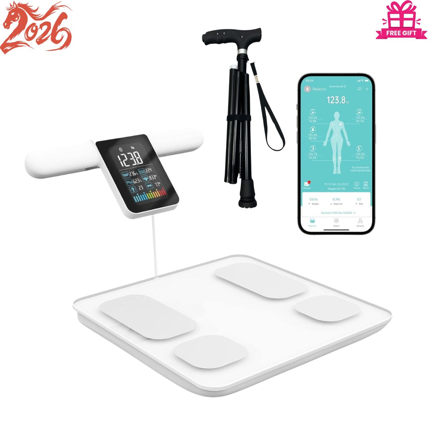 JCHealth Pro 8-Electrode Smart White Scale and FREE Medical-Grade Foldable Walking Cane CNY 2026 Health Bundle Singapore