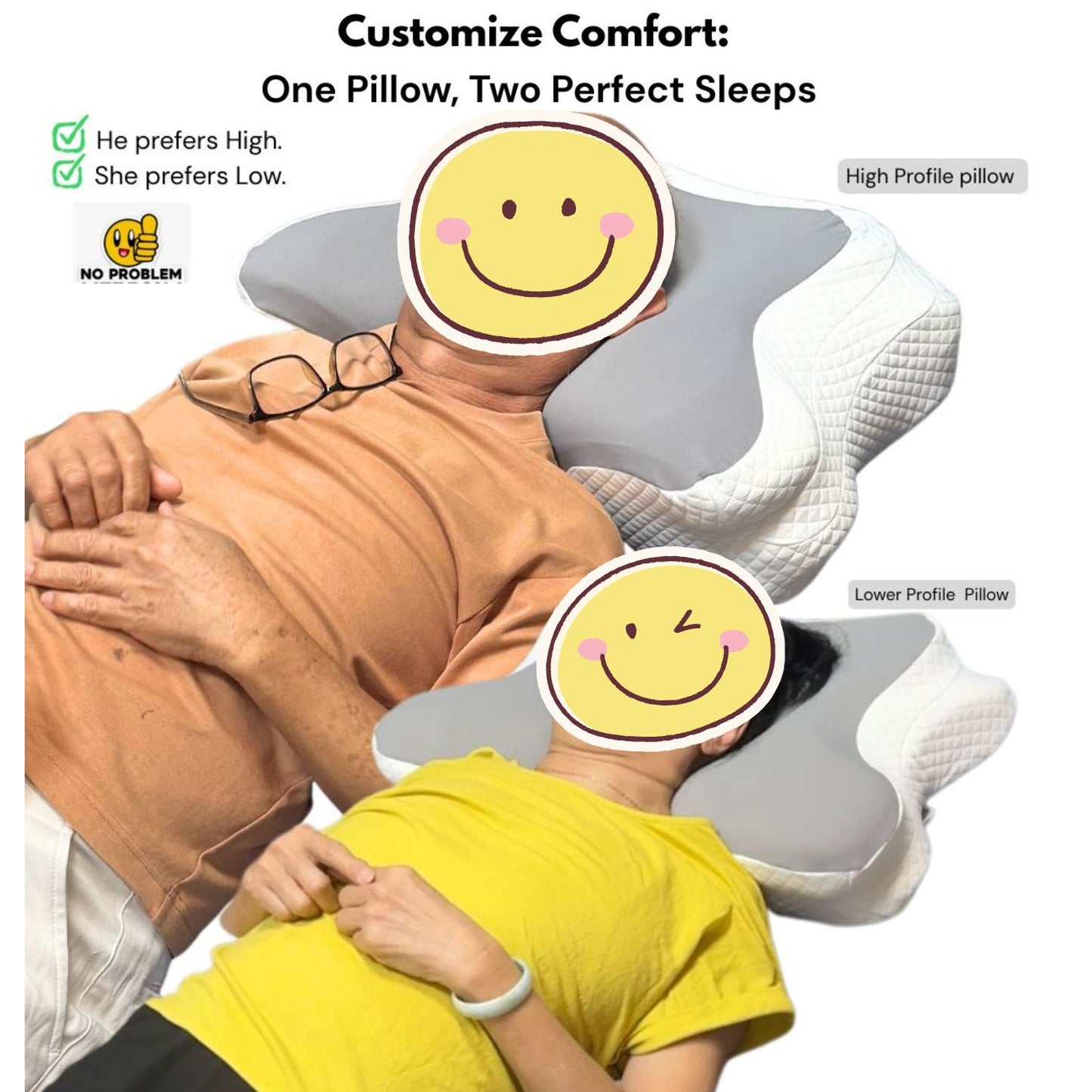 Couple demonstrating the independent 11cm and 17cm height settings of the butterfly contour memory foam pillow