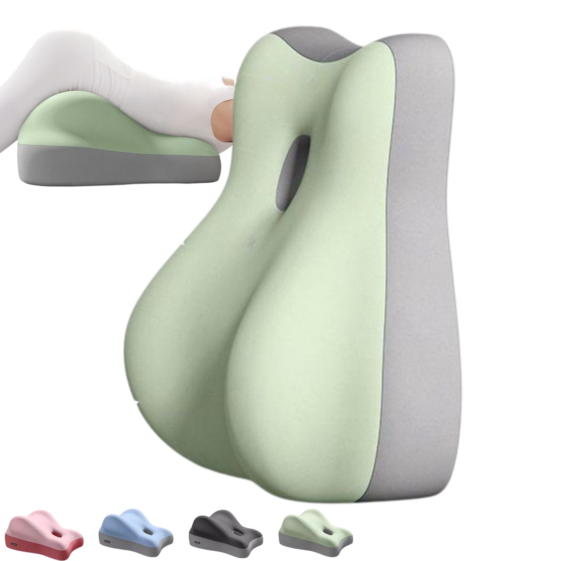 Ergonomic leg pillow for side sleepers, providing knee and hip support, shown in light green with a grey base. Ideal for alleviating pressure and improving sleep posture. Also available in pink, blue,green and grey