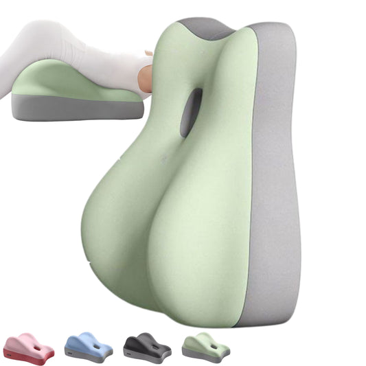 Ergonomic leg pillow for side sleepers, providing knee and hip support, shown in light green with a grey base. Ideal for alleviating pressure and improving sleep posture. Also available in pink, blue,green and grey