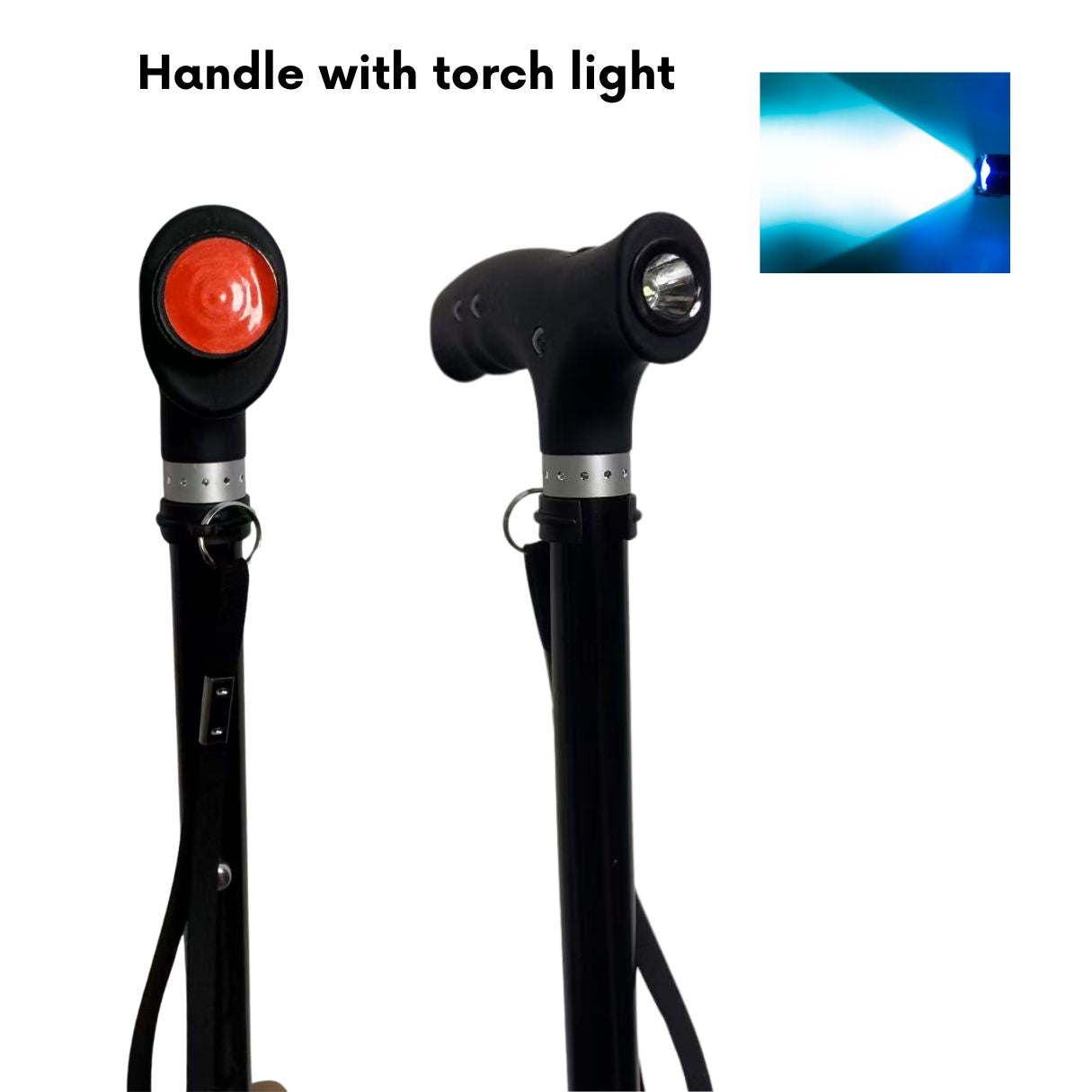 Close-up of ergonomic walking cane handle featuring a built-in LED safety torch and red rear reflecto