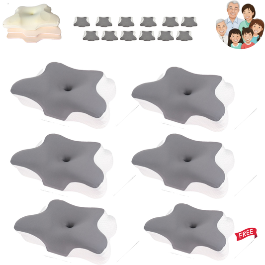 A 6-pack premium family orthopedic pillow bundle with 12 cases showing height range for kids, adults, and elderly sleepers.
