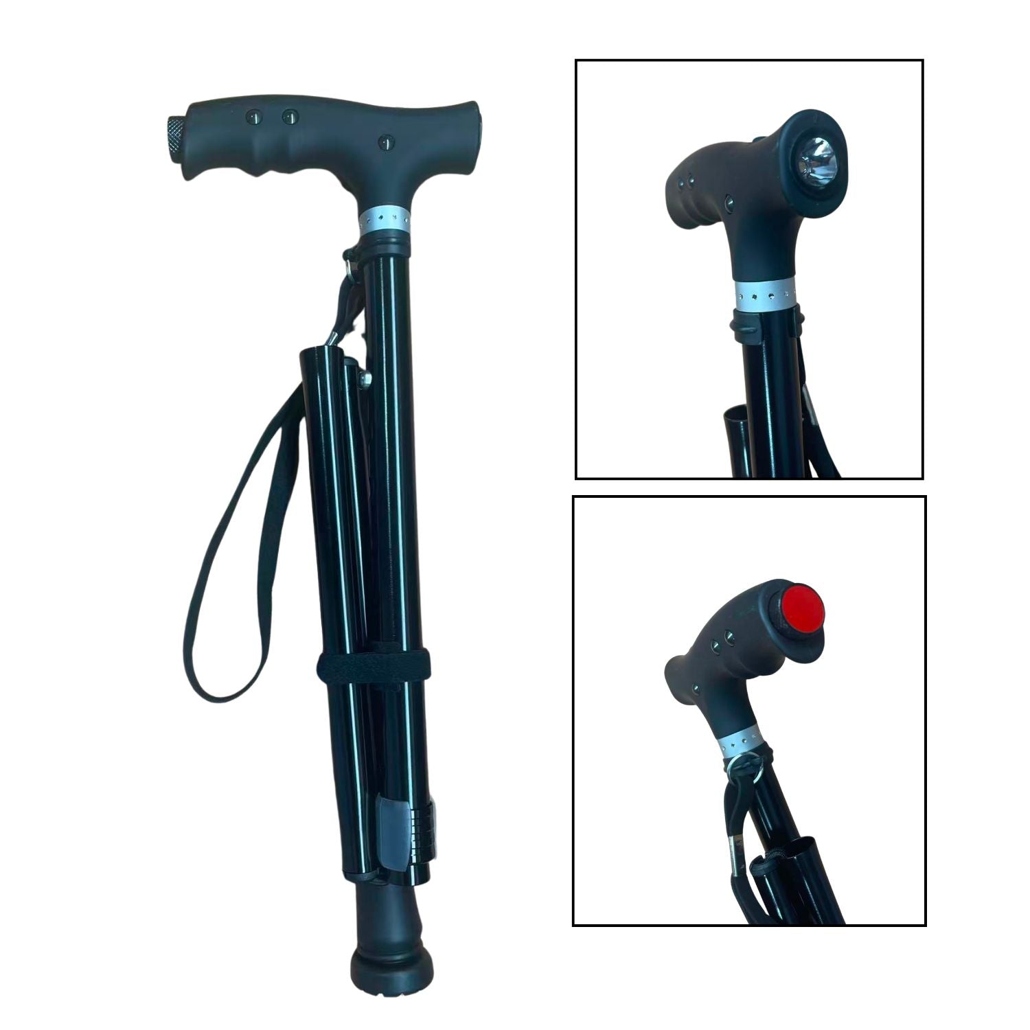 Foldable walking cane featuring a built-in pivoting LED flashlight handle and red emergency alert button for night safety and visibility.