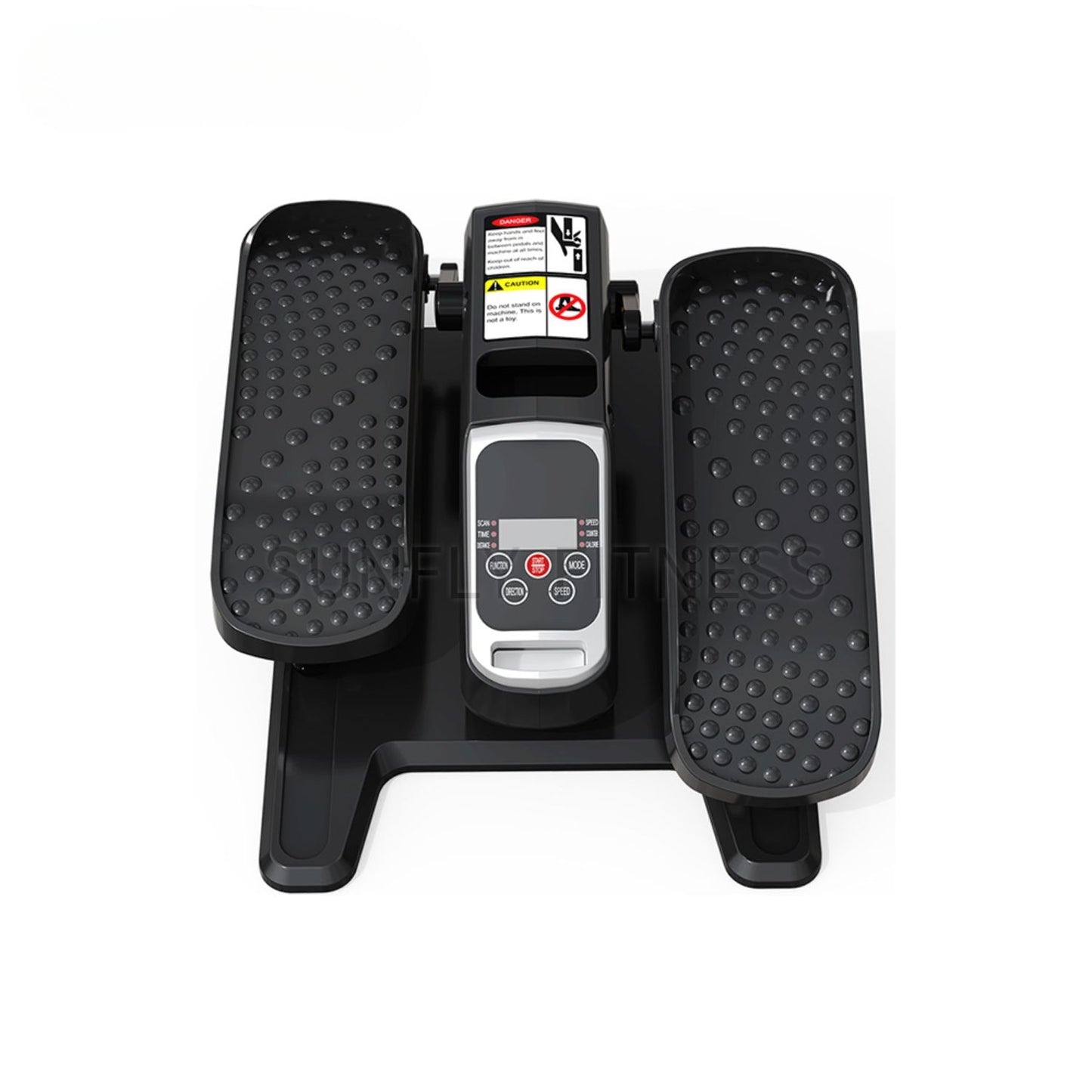 Front view of the Under Desk Elliptical Trainer showing digital display and wide, non-slip foot pedals. The monitor tracks time, distance, speed, and calories for effective seated exercise
