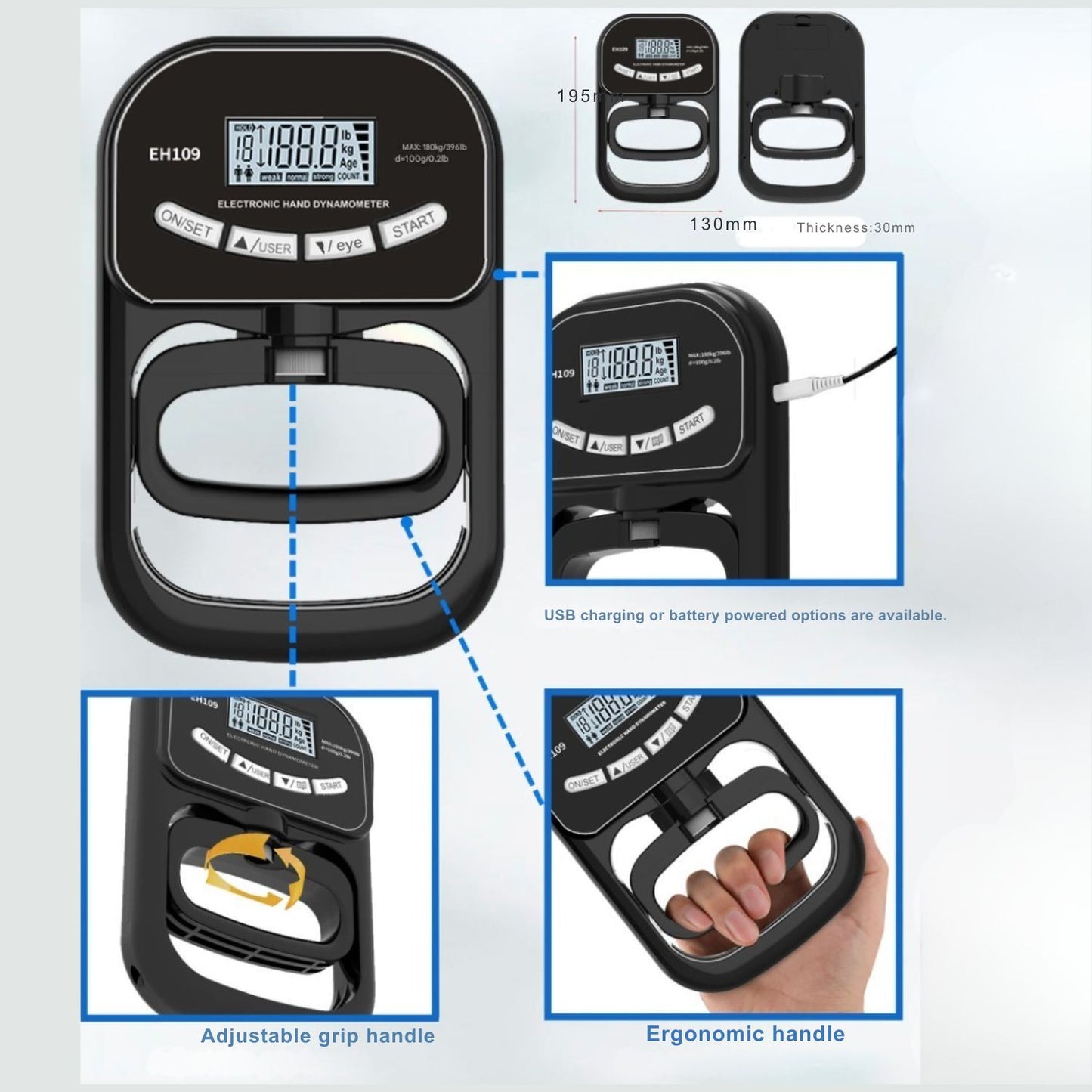 Electronic Hand Dynamometer (Model EH109) showing the adjustable grip handle, digital LCD screen display, This device measures grip strength in kilograms (180kg) and features an ergonomic design.