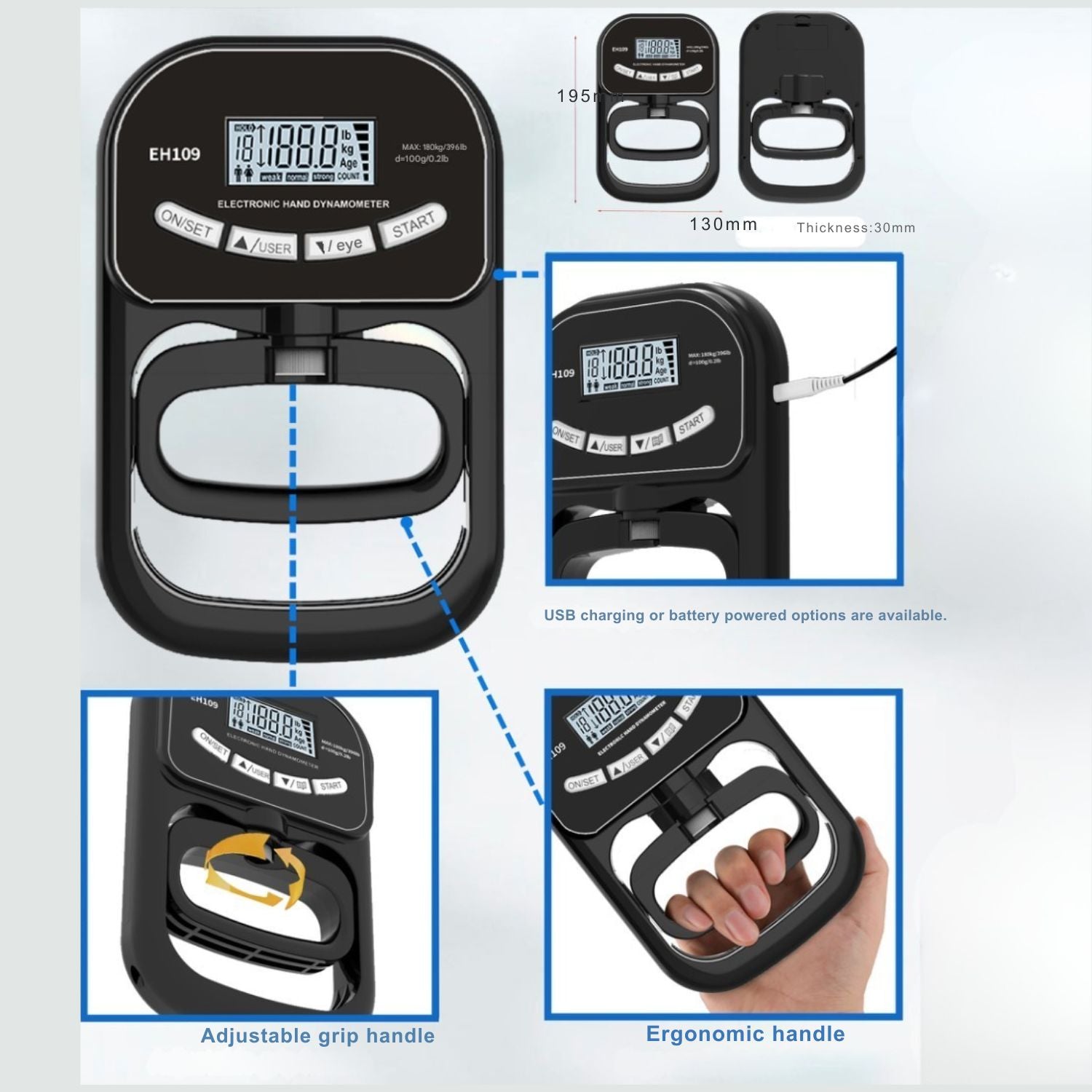 Electronic Hand Dynamometer (Model EH109) showing the adjustable grip handle, digital LCD screen display, This device measures grip strength in kilograms (180kg) and features an ergonomic design.