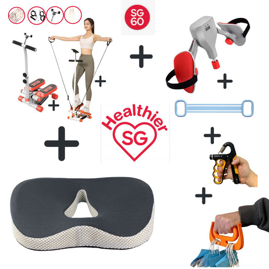 JC Health 10-in-1 Senior Wellness & Balance Bundle hero shot, featuring a stepper with handlebar, tight master, silicon puller, hand gripper, hand carrier, ergonomic donut cushion, plus icons for stepper resistance bands, thick mat, lubricant oil, and phone stand, all on a white background with SG 60 and Healthier SG logos.