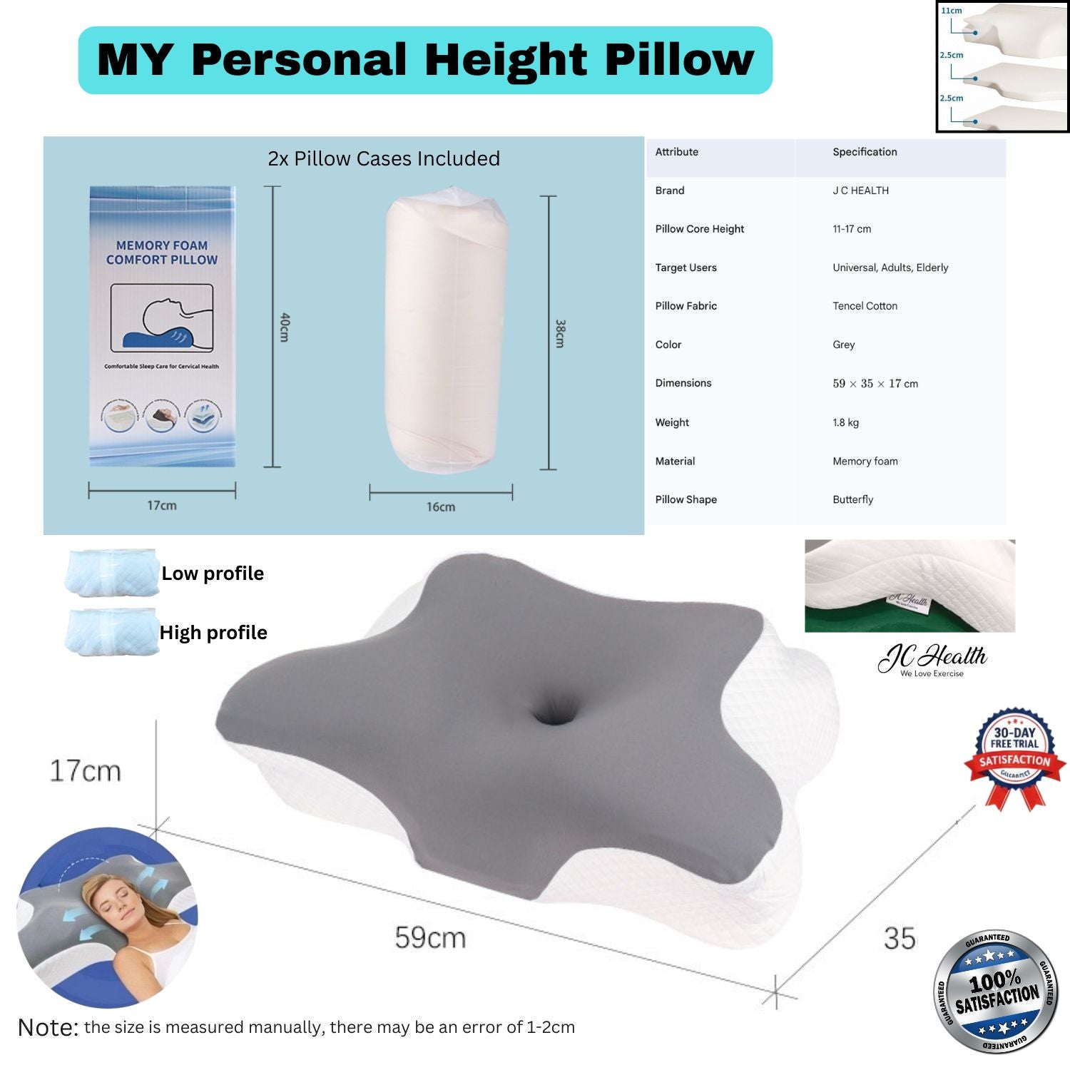 JC Health adjustable butterfly contour memory foam pillow for neck pain relief, featuring 3-layer height adjustment and 30-day free trial.