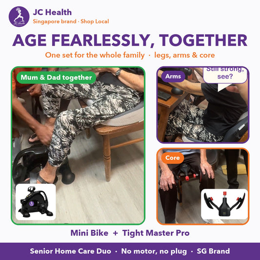 Age Fearlessly, together: elderly couple sharing the JC Health Senior Home Care Duo - Mini Bike + Tight Master Pro