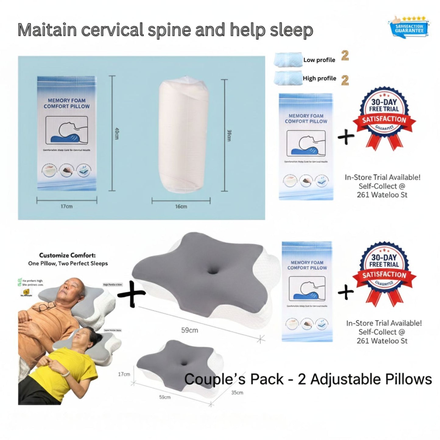 Pair of JC Health adjustable memory foam pillows for couples, featuring 2 pillowcases per pillow (4 total), customizable height for side sleepers, and in-store trial at Waterloo Street.