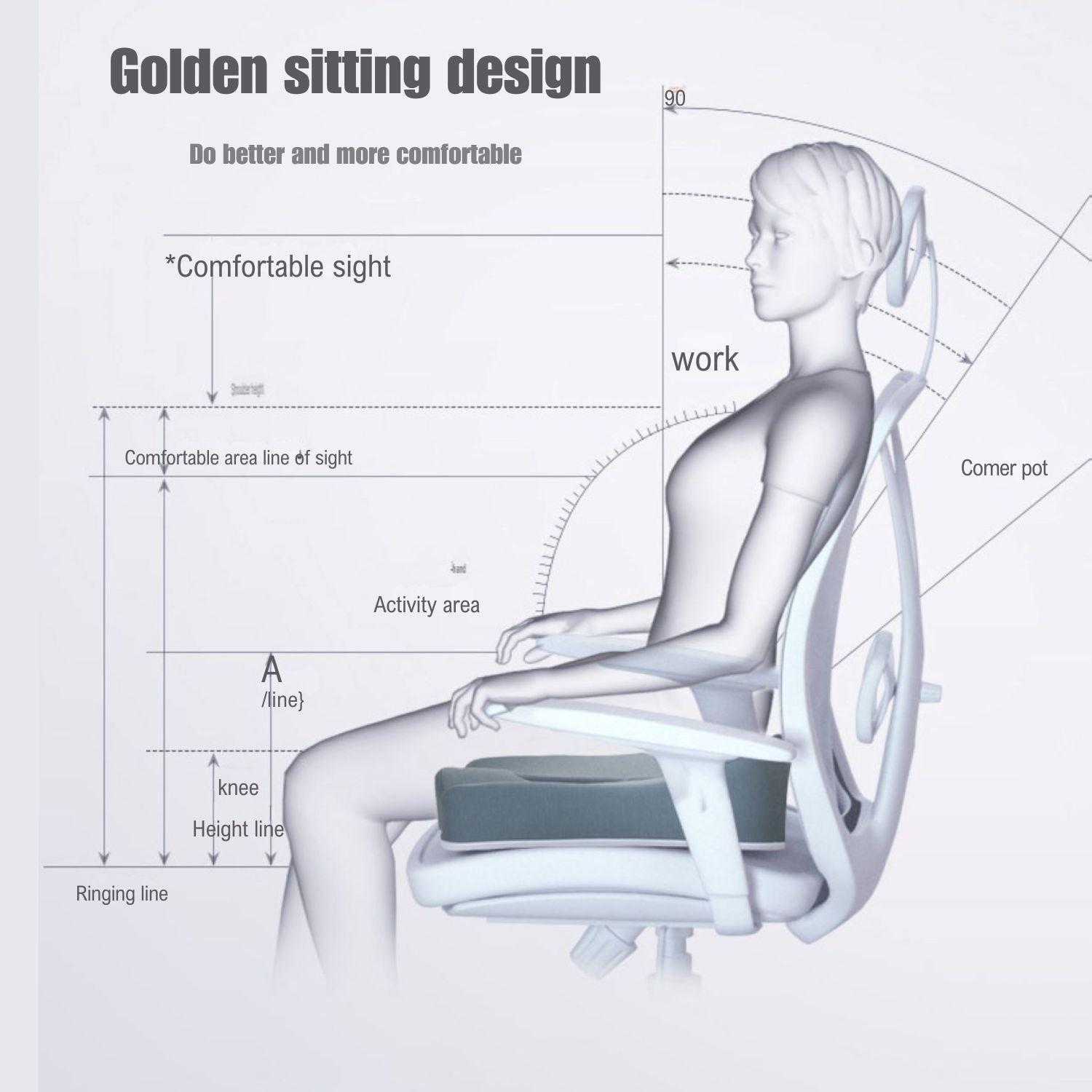 JC Health donut seat cushion demonstrating golden sitting ergonomic design for correct spine alignment and comfortable posture during work.