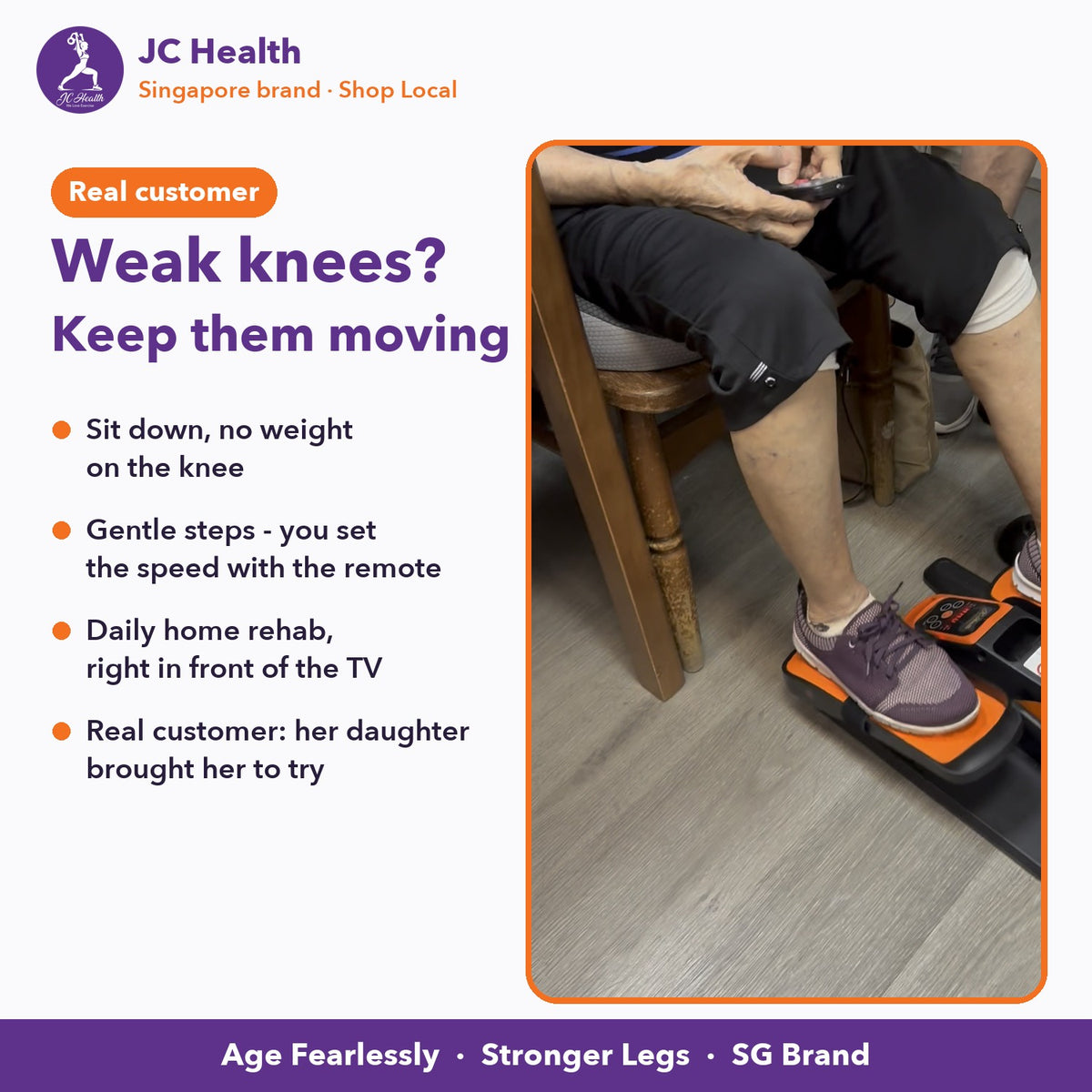 Real customer with a bandaged knee doing gentle seated steps on the JC Health mini elliptical - weak knees, keep them moving