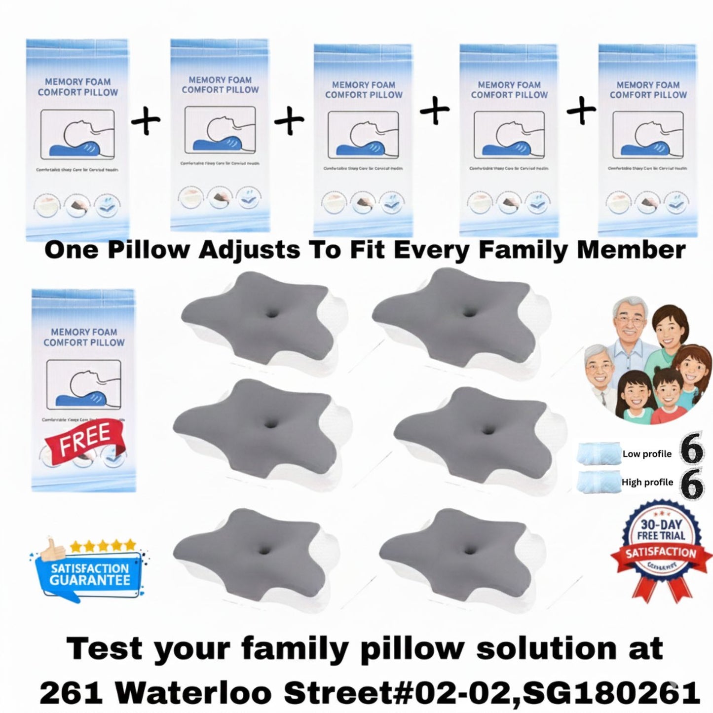 Family bundle of 6 JC Health adjustable pillows with Buy 5 Get 1 Free offer, including 2 pillowcases per pillow (12 total), suitable for all ages with a 30-day satisfaction guarantee.
