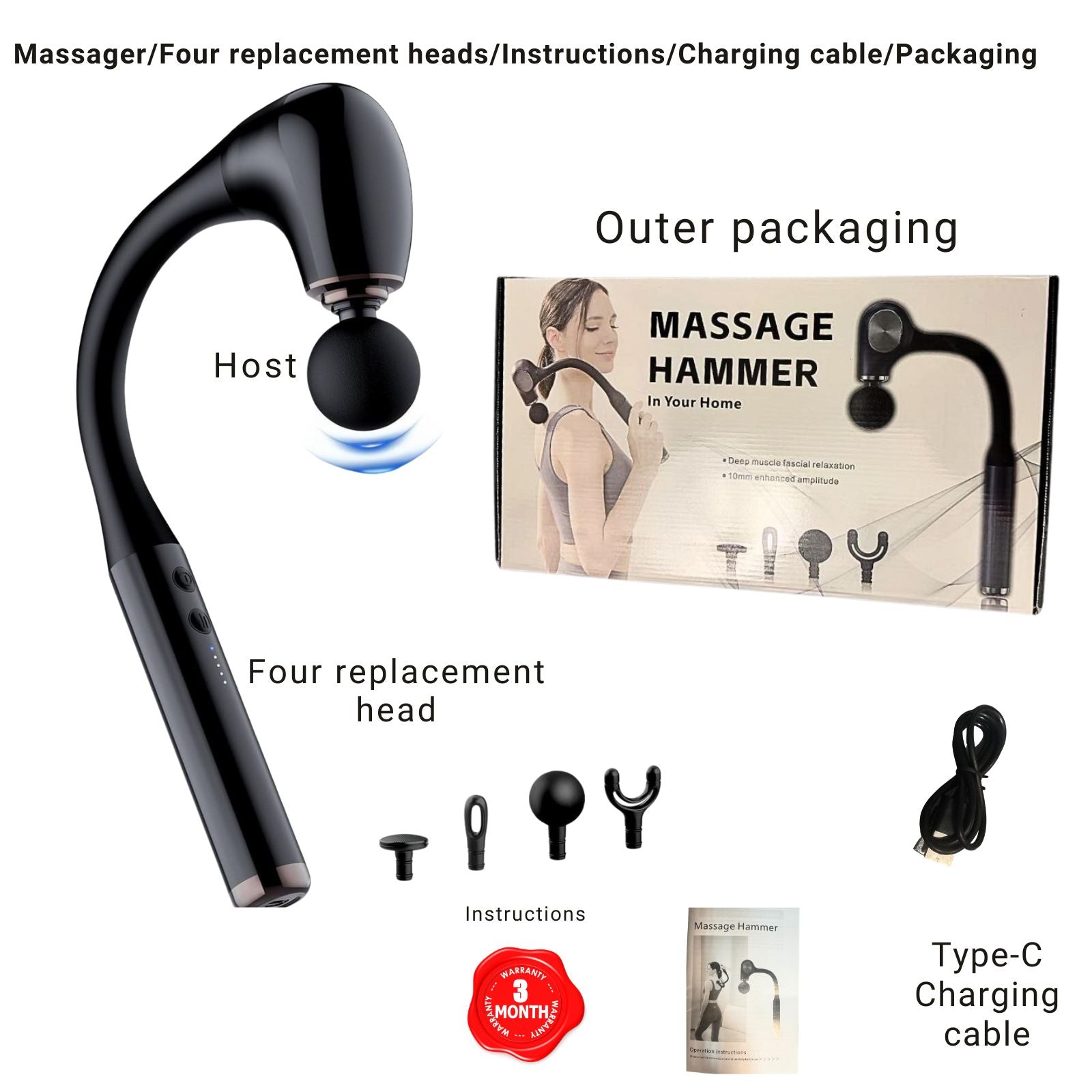 Package contents of JC Health long-handle fascia gun: main device, four replacement heads, instructions, Type-C charging cable, and outer packaging
