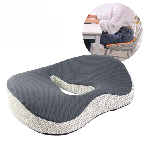 JC Health grey ergonomic donut seat cushion for office chairs, providing pressure relief and posture support for comfortable long sitting
