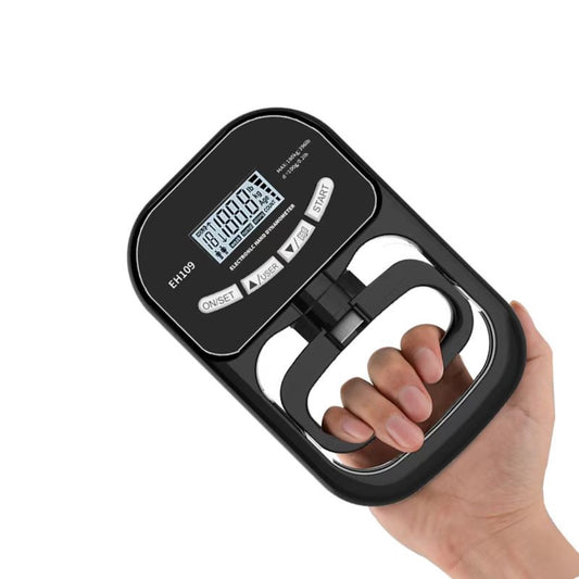 JC Health Hand Dynamometer held in hand, showing digital display with grip strength reading.
