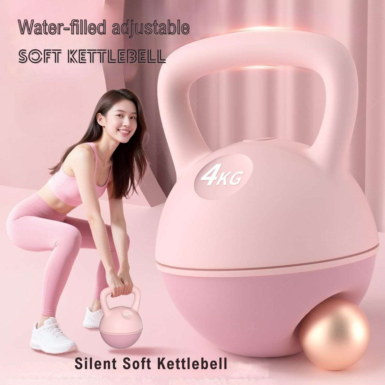 Female model using a pink JC Health water-filled soft kettlebell (4kg), highlighting its water-filled, adjustable, and silent features