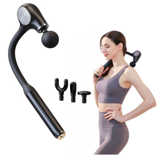 JC Health long-handle fascia gun with ergonomic design, used by woman for self-massage on shoulder, showing included massage heads