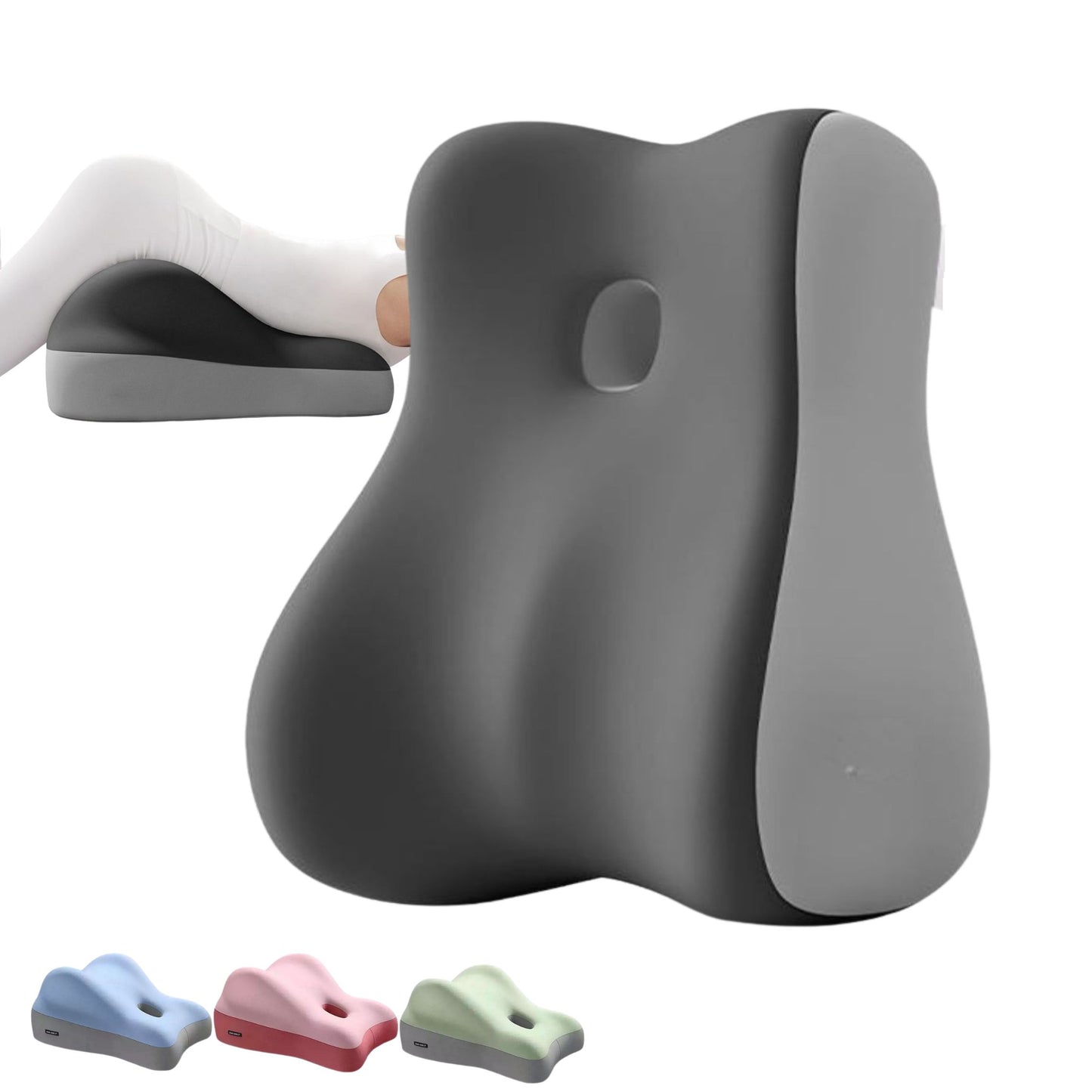 Color selection for the JC Health 4-in-1 memory foam wedge showing Sky Blue, Blossom Pink, Fruit Green, and Slate Grey options. Each variant features the signature ergonomic double-arc design and high-density foam
