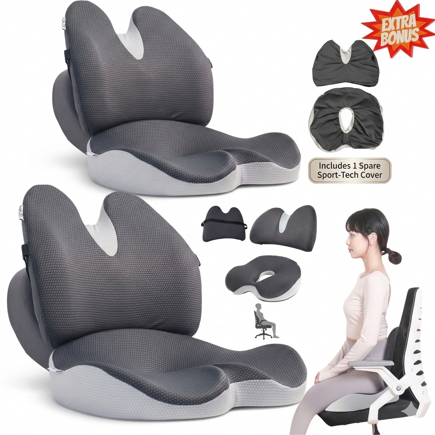JC Health Ergonomic Bundle 2 in 1 lumbar and donut seat cushion set with Extra Bonus Spare Sport-Tech Cover for hygienic maintenance.