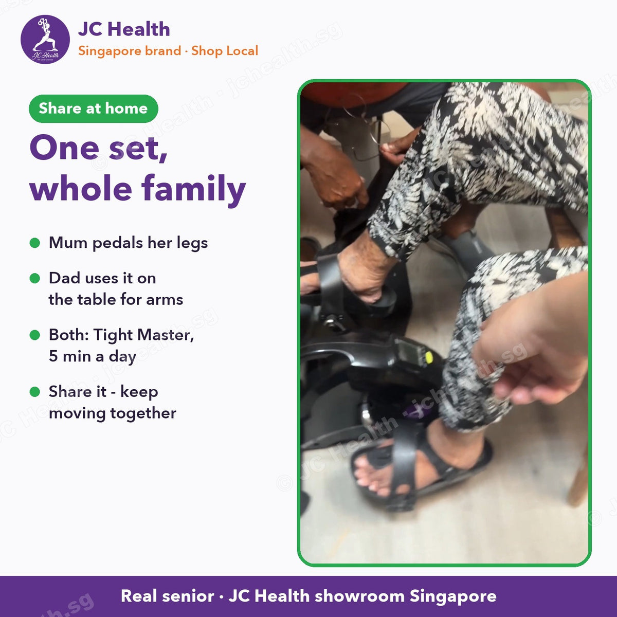 Husband helps his wife put her feet on the mini bike - one set for the whole family