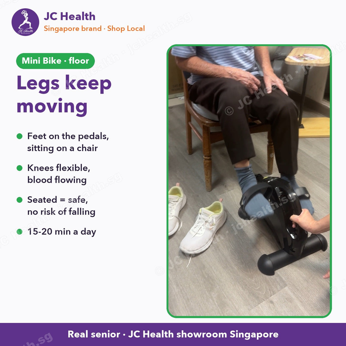 Elderly man seated with his feet on the mini bike pedals