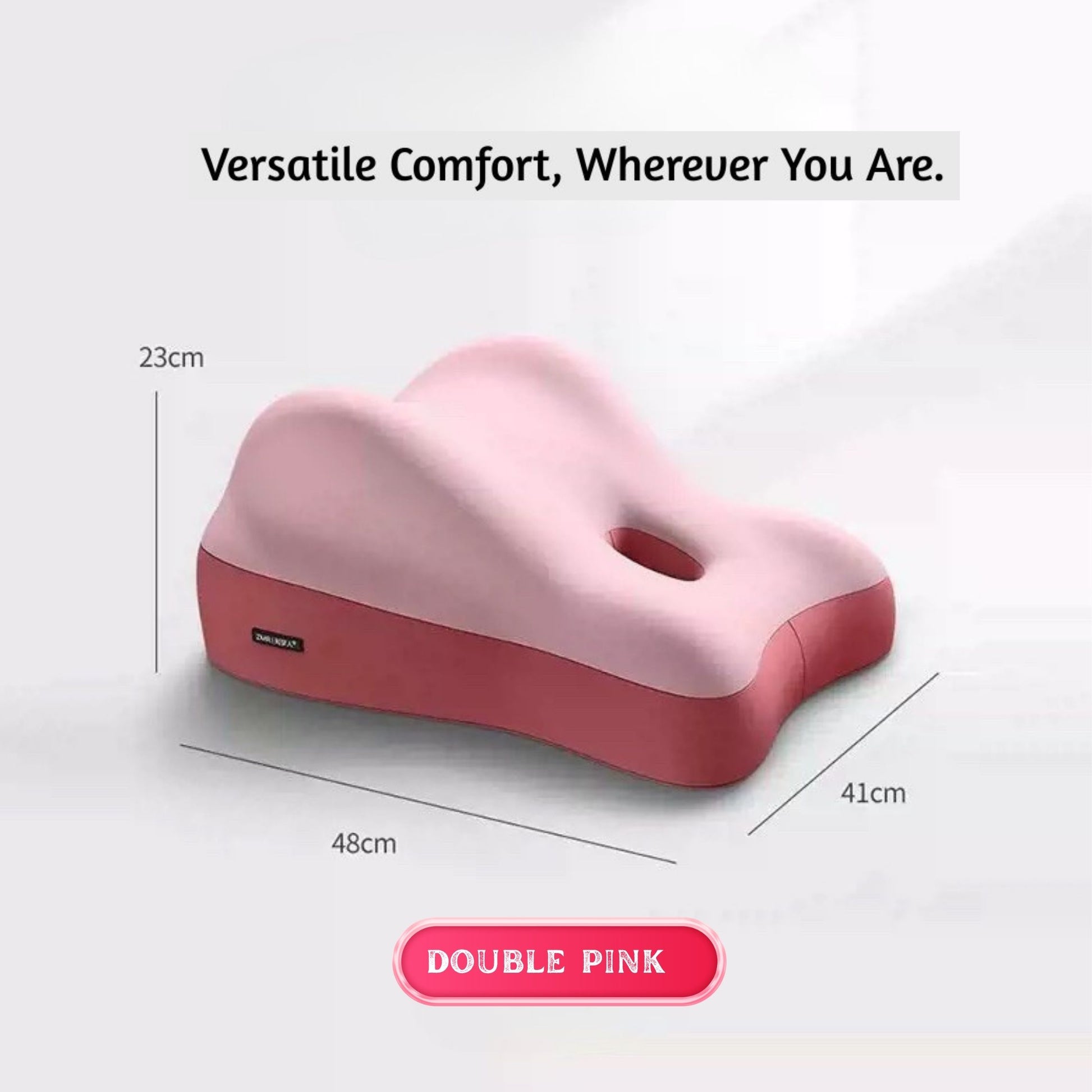 JC Health multipurpose pillow in double pink color, showing dimensions (23cm, 48cm, 41cm), offering versatile comfort and support