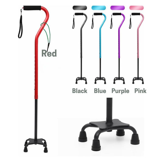 A collection of quad canes with a wide base and adjustable height, displayed in different colors: red, black, blue purple, and pink. The canes are shown both standing independently and as a part of a storage system, disassembled into two parts.