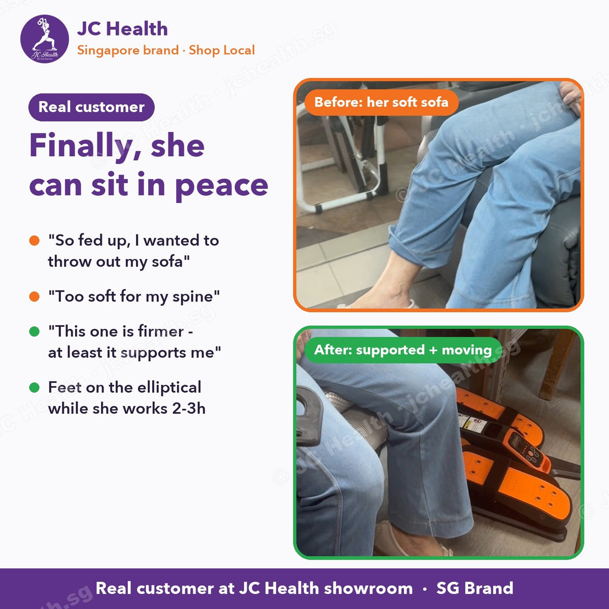 Real customer: her sofa was too soft for her spine - now she sits supported with her feet on the mini elliptical