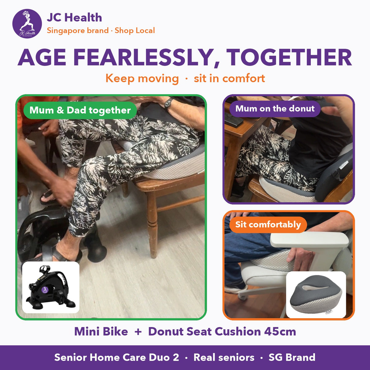 Senior Home Care Duo 2 - elderly couple using JC Health mini bike and donut seat cushion at home