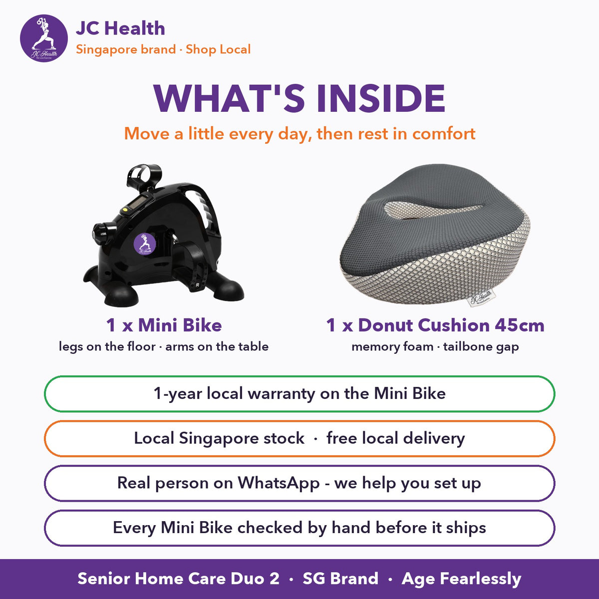 What's inside Senior Home Care Duo 2: 1 x Mini Bike + 1 x Donut Cushion 45cm