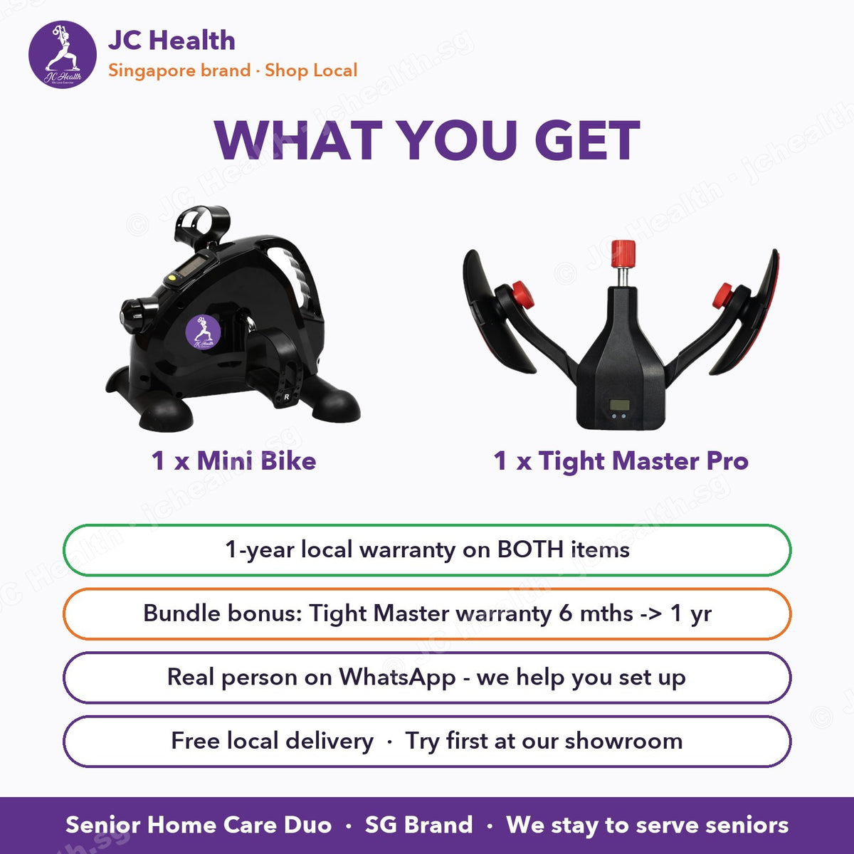 What you get: Mini Bike and Tight Master Pro with 1-year local warranty on both