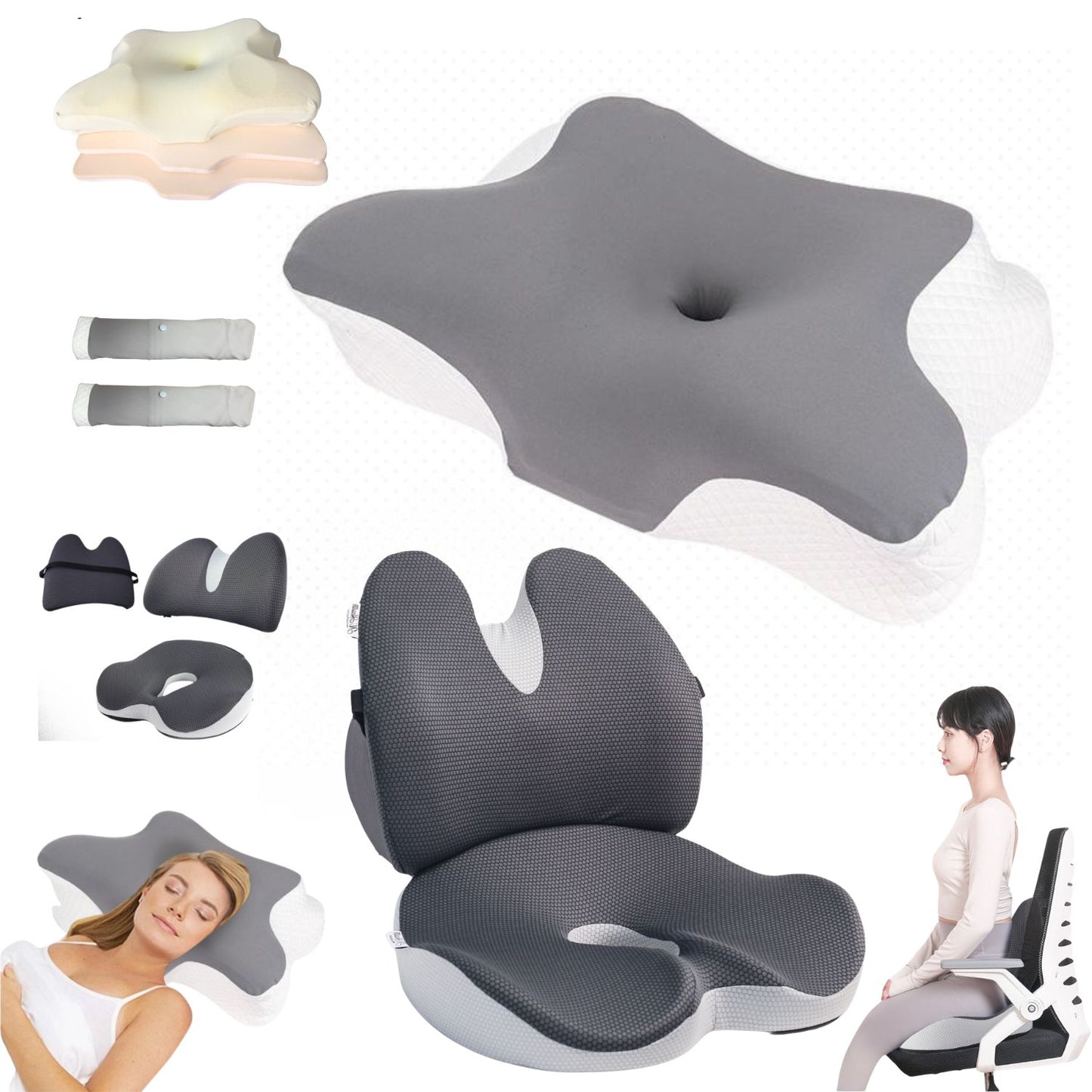 JC Health Sleep & Sit Bundle main image showing the 17cm adjustable memory foam pillow with layers and the 2-in-1 ergonomic lumbar support and seat cushion set for posture support