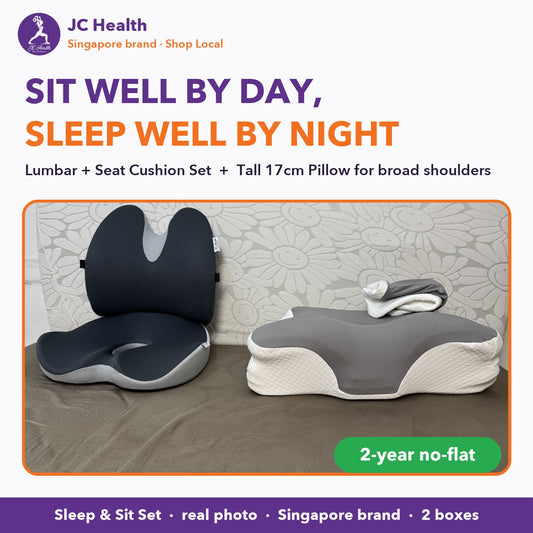 JC Health Sleep and Sit Set - lumbar and seat cushion set plus tall 17cm pillow for broad shoulders, sit well by day, sleep well by night, real photo