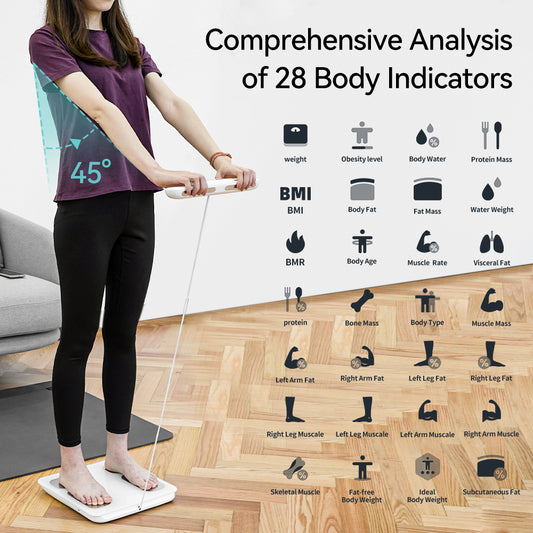 Woman standing on a JC Health smart body composition scale, with a graphic displaying 'Comprehensive Analysis of 28 Body Indicatorsincluding Weight, BMI, Body Fat, Muscle Mass, Body Water, and detailed arm and leg measurements